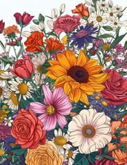 AI generated illustration of a vibrant bouquet background with various colorful flowers