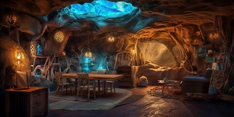 AI generated illustration of the interior of a cave house illuminated by a variety of lights