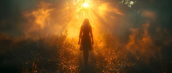Poster A woman follows a glowing light through a fairy tale forest. Concept Fantasy, Adventure, Nature, Fairy Tale, Women in Nature © Anastasiia