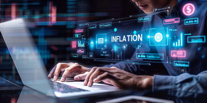 Hands working on a laptop with digital holographic displays showing economic indicators like inflation, highlighting concerns about rising costs and financial challenges in today's business landscape