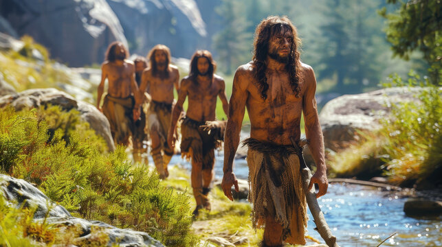 Group of Neanderthal people walking alongside a river in ancient times