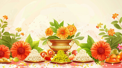 Festive Ugadi celebration illustration with traditional elements and flowers