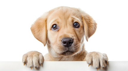 Cute Puppy with paws over blank board isolated on a white background