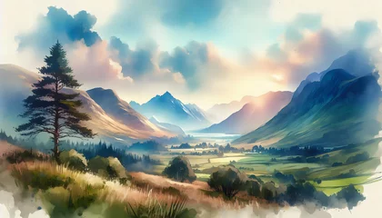 Fotobehang Photo real as Highland Harmony A harmonious blend of watercolor highland terrains. in nature and landscapes theme ,for advertisement and banner ,Full depth of field, high quality ,include copy space o © Gohgah