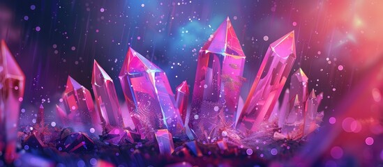 A mix of purple, pink, and magenta crystals create a vibrant display on a dark background resembling an underwater garden filled with electric blue plants and violet petals - obrazy, fototapety, plakaty