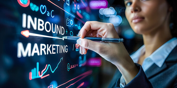 Business concept highlighting inbound marketing strategy, professional representing customer attraction through valuable content, optimizing online visibility and lead generation