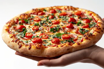 hand holding a pizza isolated on a white background