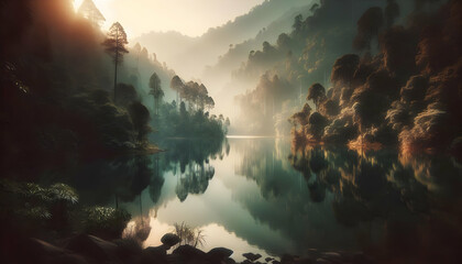 Photo real as Lake Serenity A serene lake reflects the calmness of nature embrace. in nature and landscapes theme ,for advertisement and banner ,Full depth of field, high quality ,include copy space o - obrazy, fototapety, plakaty