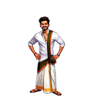 A traditional Karnataka man, wearing panche, smiling and standing confidently, isolated on a White background