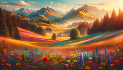 Fototapeta na wymiar Photo real as Meadow Symphony A symphony of colors and sounds in a vibrant spring meadow. in nature and landscapes theme ,for advertisement and banner ,Full depth of field, high quality ,include copy 