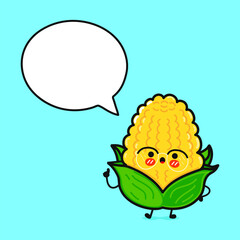 Corn with speech bubble. Vector hand drawn cartoon kawaii character illustration icon. Isolated on blue background. Corn character concept