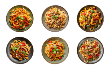 Collection of top view plate of fettuccine pasta or kwetiau isolated on a transparent background, PNG