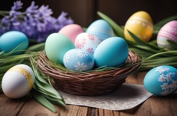 Fototapeta na wymiar happy Easter. The banner. Colorful eggs in a basket. Horizontally. An atmospheric, beautiful, stylish postcard. Easter holiday. Blue sky, flowers. Horizontally.