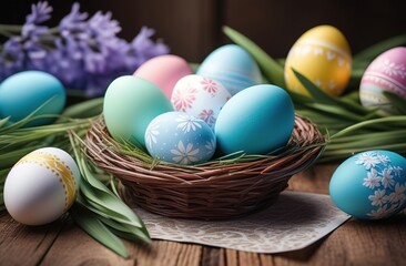 Obraz premium happy Easter. The banner. Colorful eggs in a basket. Horizontally. An atmospheric, beautiful, stylish postcard. Easter holiday. Blue sky, flowers. Horizontally.