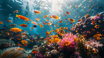 Naklejka na ściany i meble Tropical coral reef teeming with colorful marine life in the deep blue waters of the Red Sea
