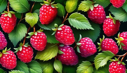 Vibrant seamless pattern of ripe raspberries with green leaves, ideal for summer or harvest...