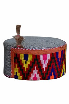 Closeup of a Himachali traditional hand woven cap on a white background