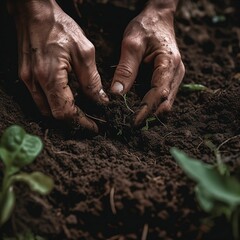 AI generated illustration of man kneeling on the ground, holding up handful of soil with both hands - obrazy, fototapety, plakaty