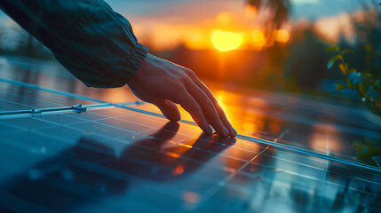Close-up of hand touching a solar panel at sunset. - obrazy, fototapety, plakaty