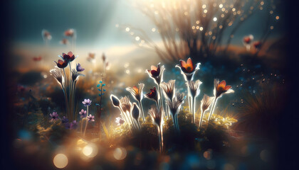 Photo real as Spring Awakening A spring meadow blooms with life inviting a fresh start. in nature and landscapes theme ,for advertisement and banner ,Full depth of field, high quality ,include copy sp - obrazy, fototapety, plakaty