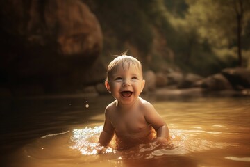 AI generated illustration of a smiling young child swimming in a river with splashing waves