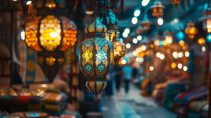 Colorful traditional lanterns hanging in a vibrant Eastern market