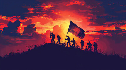 Naklejki  Silhouetted soldiers with flag against dramatic sunset on Day of Valor (Araw ng Kagitingan)