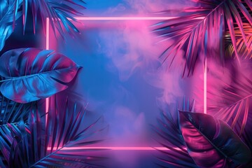 Neon frame with tropical palm leaves background