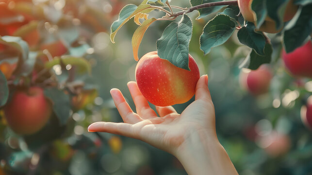 Hand reaching out to pick apple