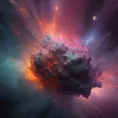 Tuinposter AI generated illustration of Astro scenery with a nebula, planets, and stars in a cosmic landscape © Wirestock