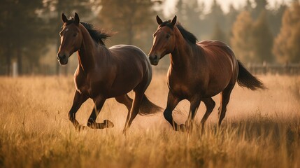 AI generated illustration of two brown horses running across a grassy prairie