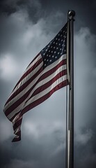AI generated illustration of a close-up of a waving USA flag against a cloudy sky