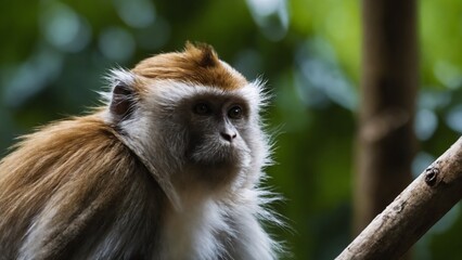 Obraz premium Monkey perched on a branch gazes into the distance, AI-generated.