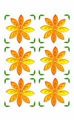 Vertical illustration of golden flower patterns and green leaves on a white background