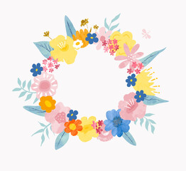 Floral wreath of colorful beautiful flowers isolated on  white background. Vector clipart for the design of postcards, invitations, promotional materials and more.