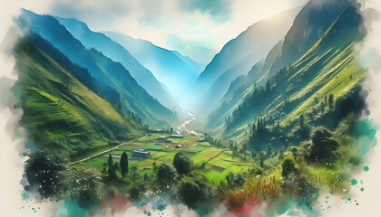 Photo real as Verdant Valley A lush valley brimming with life in vibrant watercolors. in nature and landscapes theme ,for advertisement and banner ,Full depth of field, high quality ,include copy spac