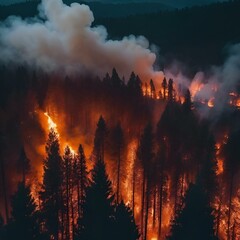 Fototapeta na wymiar Drone shot of trees in flames, forest fires destroying and causing air pollution, dark summer night