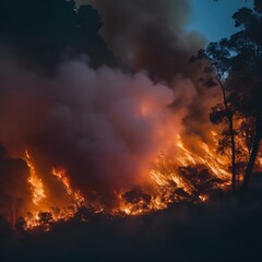 Fototapeta na wymiar Jungle in flames, smoking wildfire in the rainforests of south America, during nightime