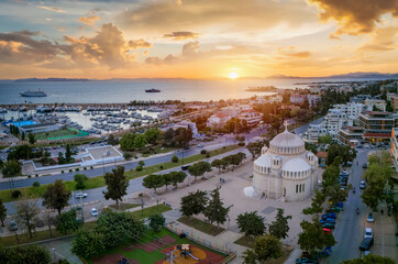Aerial sunset view of the Saint Constantine square and church in Glyfada district, south Athens, Greece - 779554893