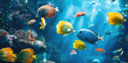 Naklejka na ściany i meble A group of beautiful fish swimming in the blue sea