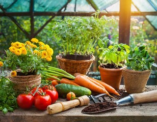 AI-generated illustration of Vegetables and flowers inside a greenhouse garden with tools
