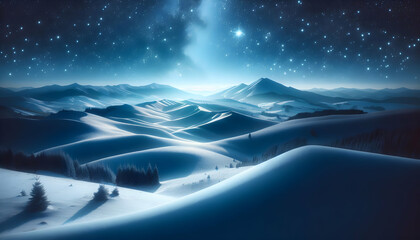 Photo real as Winter Whisper Snowy hills under a starry sky evoke a winter wonderland. in nature and landscapes theme ,for advertisement and banner ,Full depth of field, high quality ,include copy spa