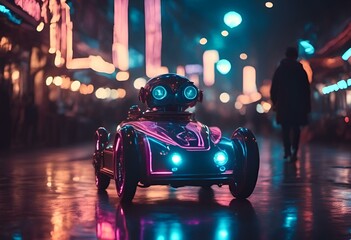AI generated illustration of a glowing toy car on urban street at night with colorful lights