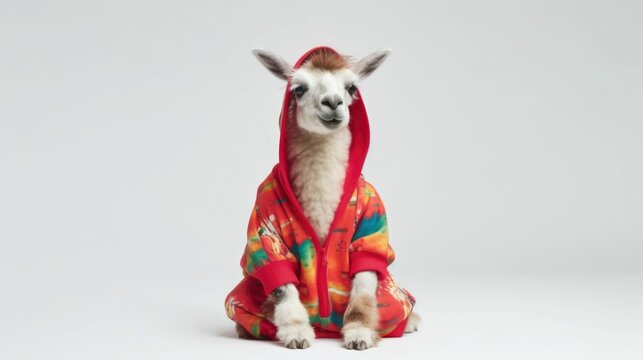 Ai generated illustration of a llama in a red pyjamas on a white background