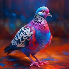 AI generated illustration of a colorful bird on the ground near orange objects