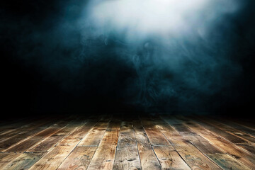 Empty wooden table with smoke over dark background
