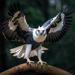 AI generated illustration of a Harpy Eagle (Harpia harpyja) in mid-flight against a dark background - obrazy, fototapety, plakaty
