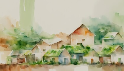 Dreamy watercolor painting of a tranquil village with blurred houses and soothing greenery, ideal for art-related content and peaceful living promotions