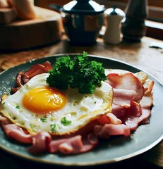 Foto op Canvas AI generated illustration of a fried egg and bacon cooked in a black pan, with parsley greens © Wirestock