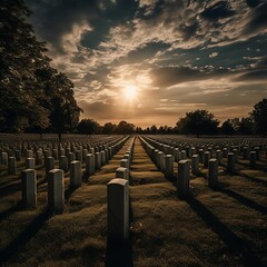 AI generated illustration of An American cemetery in Texas bathed in the warm light of a radiant sun